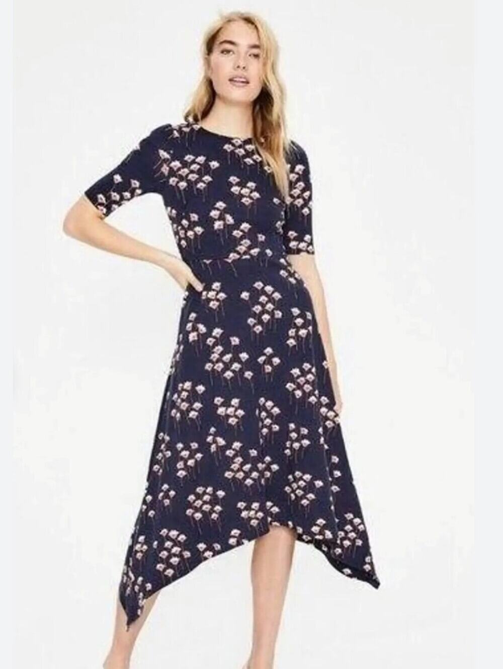 Boden Navy Floral Print Handkerchief Hem Assymetrical Dress 18 Large